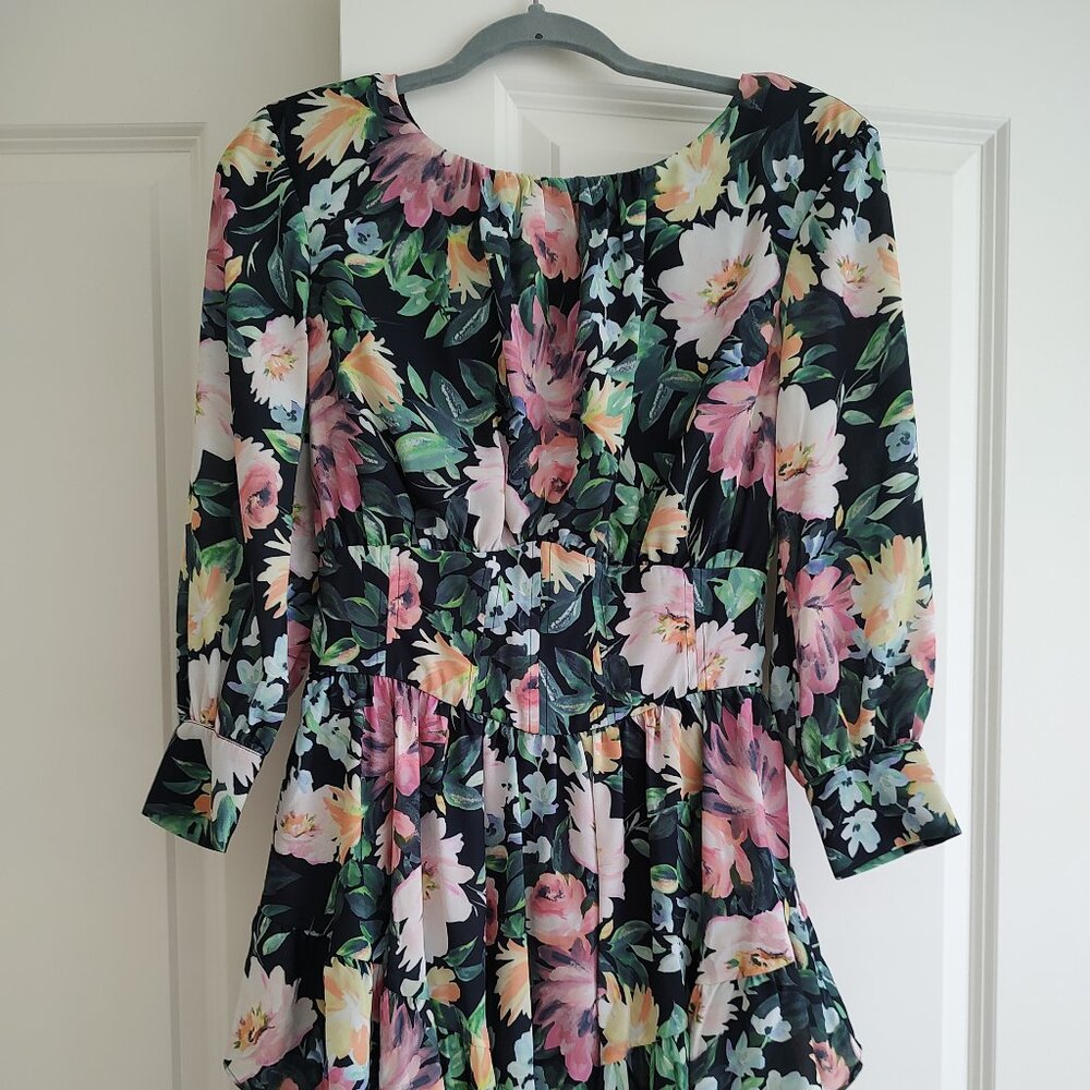 For Love & Lemons Black Floral Mini Dress with Pink & Green Accents